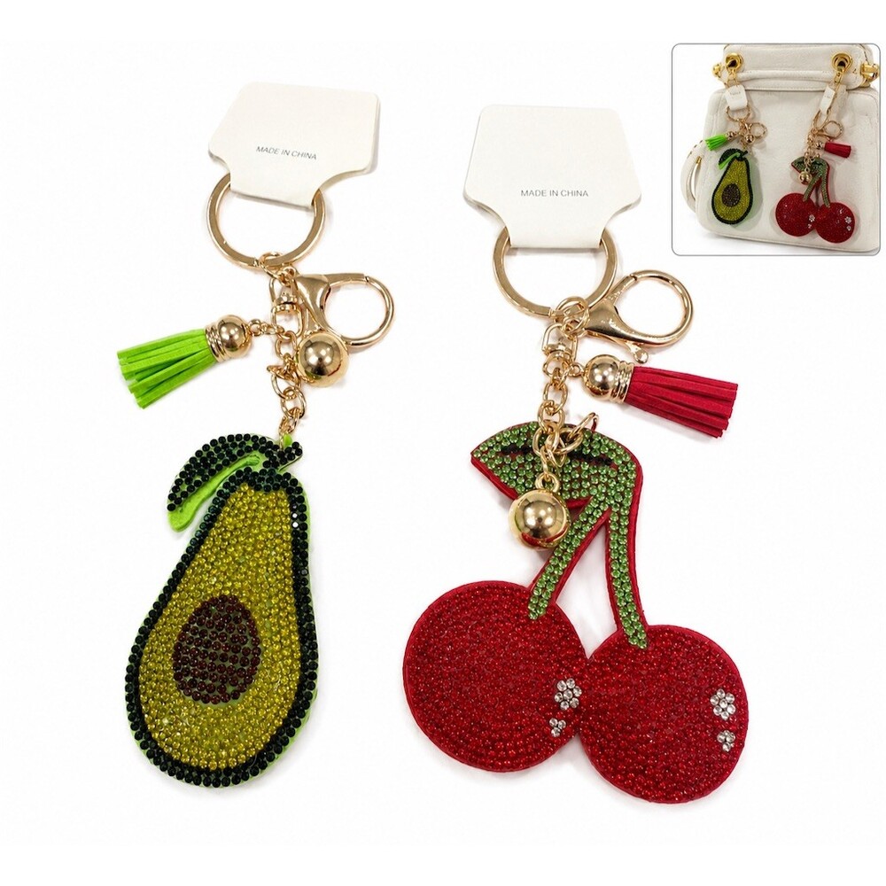 Set of 2 Rhinestone Fruit Keychains Purse Charms Avocado Cherry cute bling gift